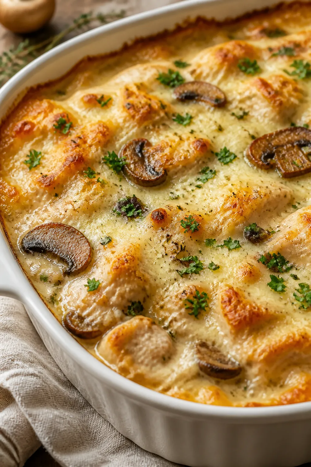 Close-up detail: Golden-bubbly Chicken Mushroom Casserole just out of the oven, edges visibly bubbli