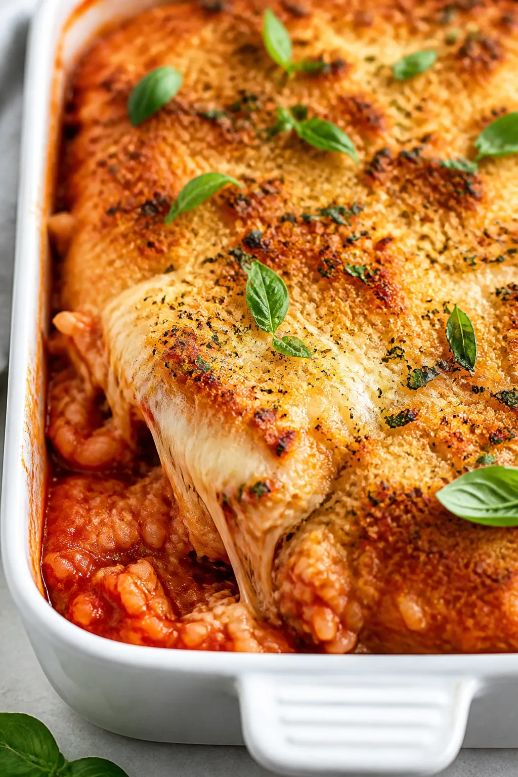 Close-up detail: Golden, bubbly Chicken Parmesan Rice Casserole just out of the oven, showing a deep