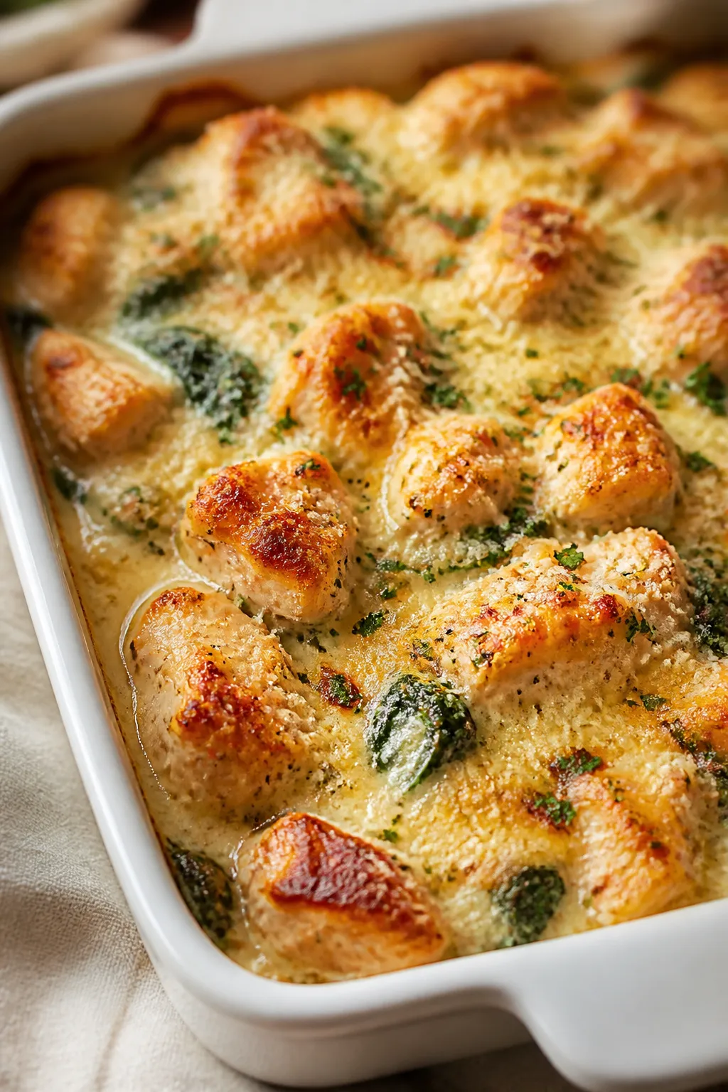 Close-up detail: Golden-bubbly Garlic Parmesan Chicken Protein Bake just out of the oven, showing cr