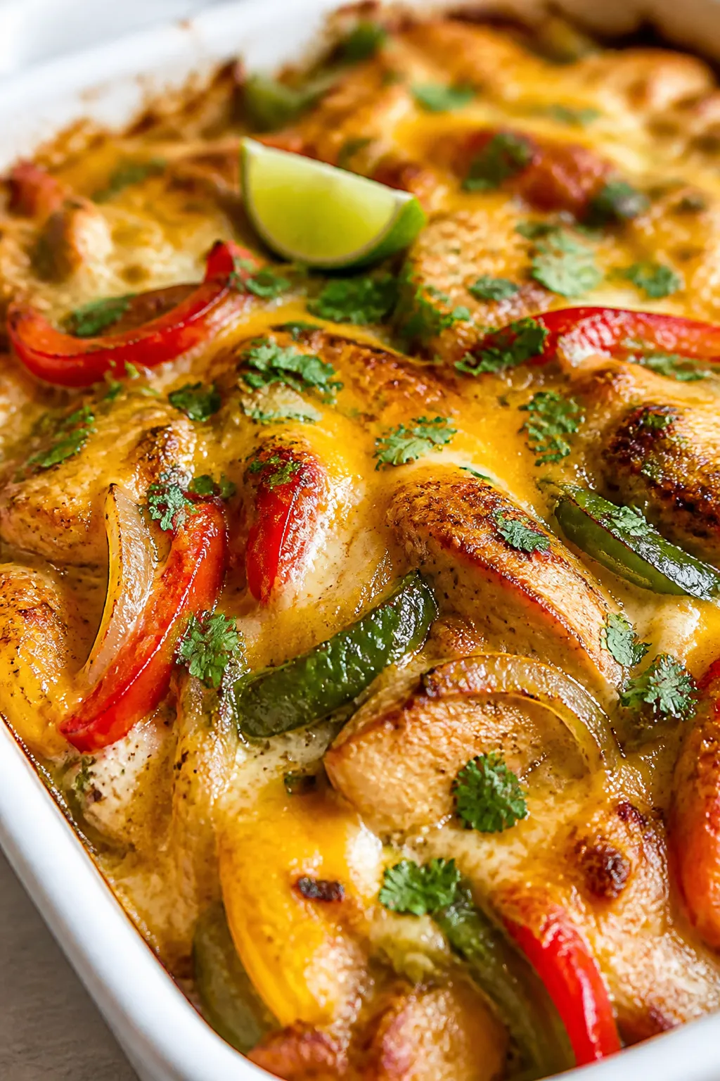 Close-up detail: Golden-bubbly loaded chicken fajita casserole just out of the oven, cheese melted w