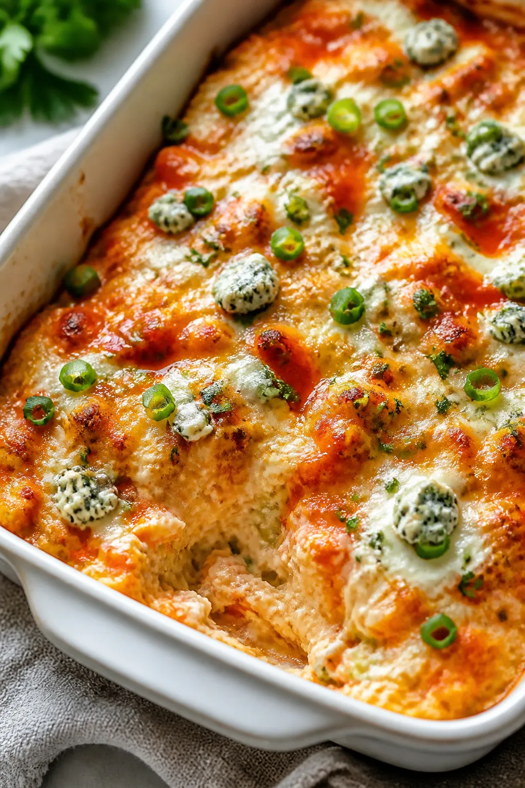 Close-up detail: Golden, bubbly Skinny Buffalo Chicken Casserole just out of the oven, edges visibly