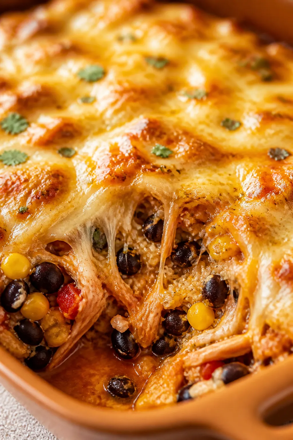 Close-up detail: Golden, bubbly Southwest Chicken Protein Casserole just out of the oven, cheese mel