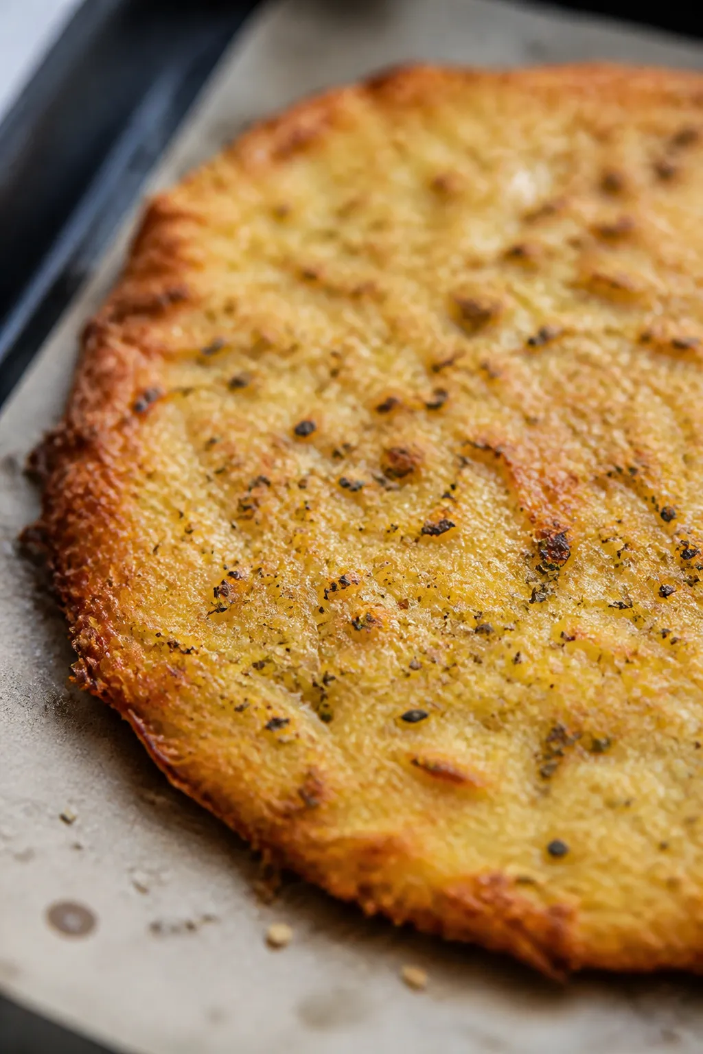 Close-up detail: Golden-edged spaghetti squash pizza crust just after par-bake and optional flip, re