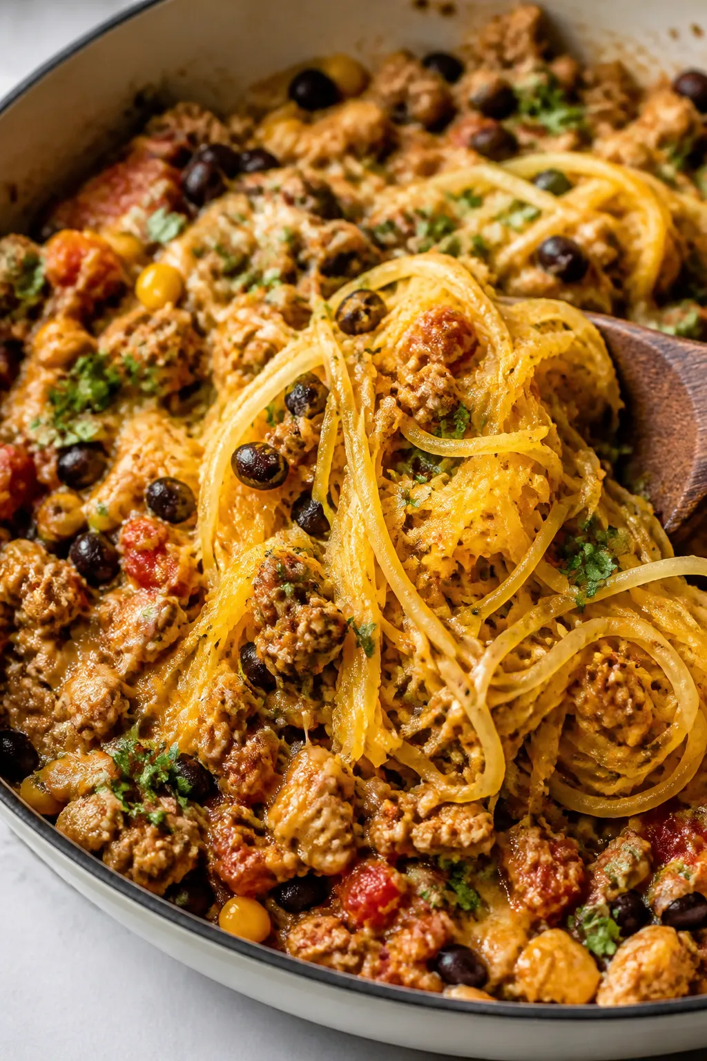 Close-up detail: Golden, roasted spaghetti squash strands being gently folded into a creamy taco-sea
