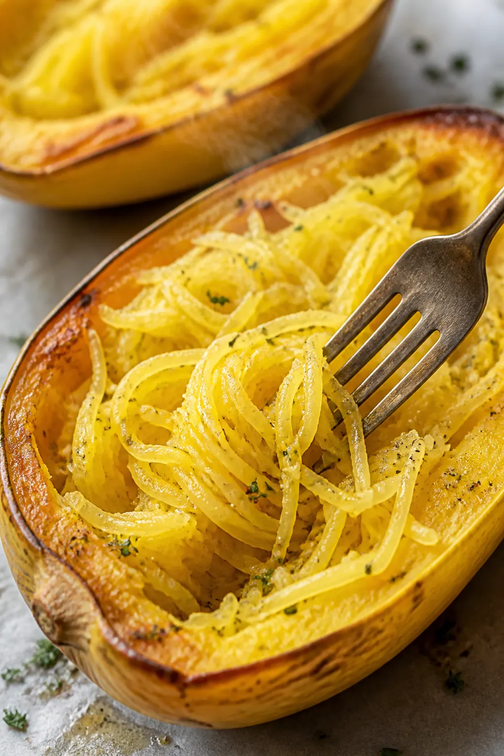 Close-up detail: Golden-roasted spaghetti squash strands being gently fluffed and shredded with a fo