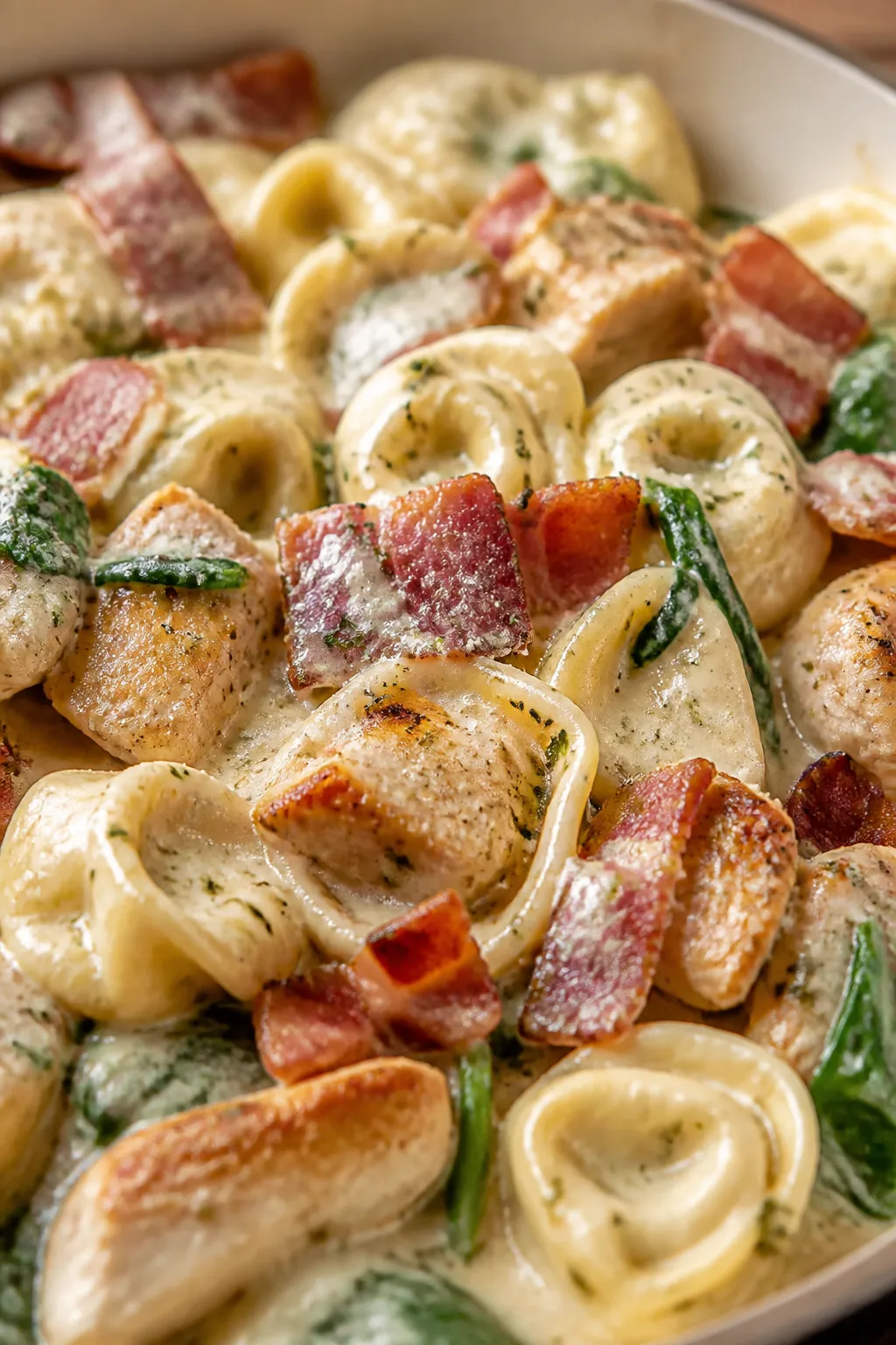 Close-up detail: Golden-seared bite-size chicken and crisped turkey bacon tossed with tender cheese