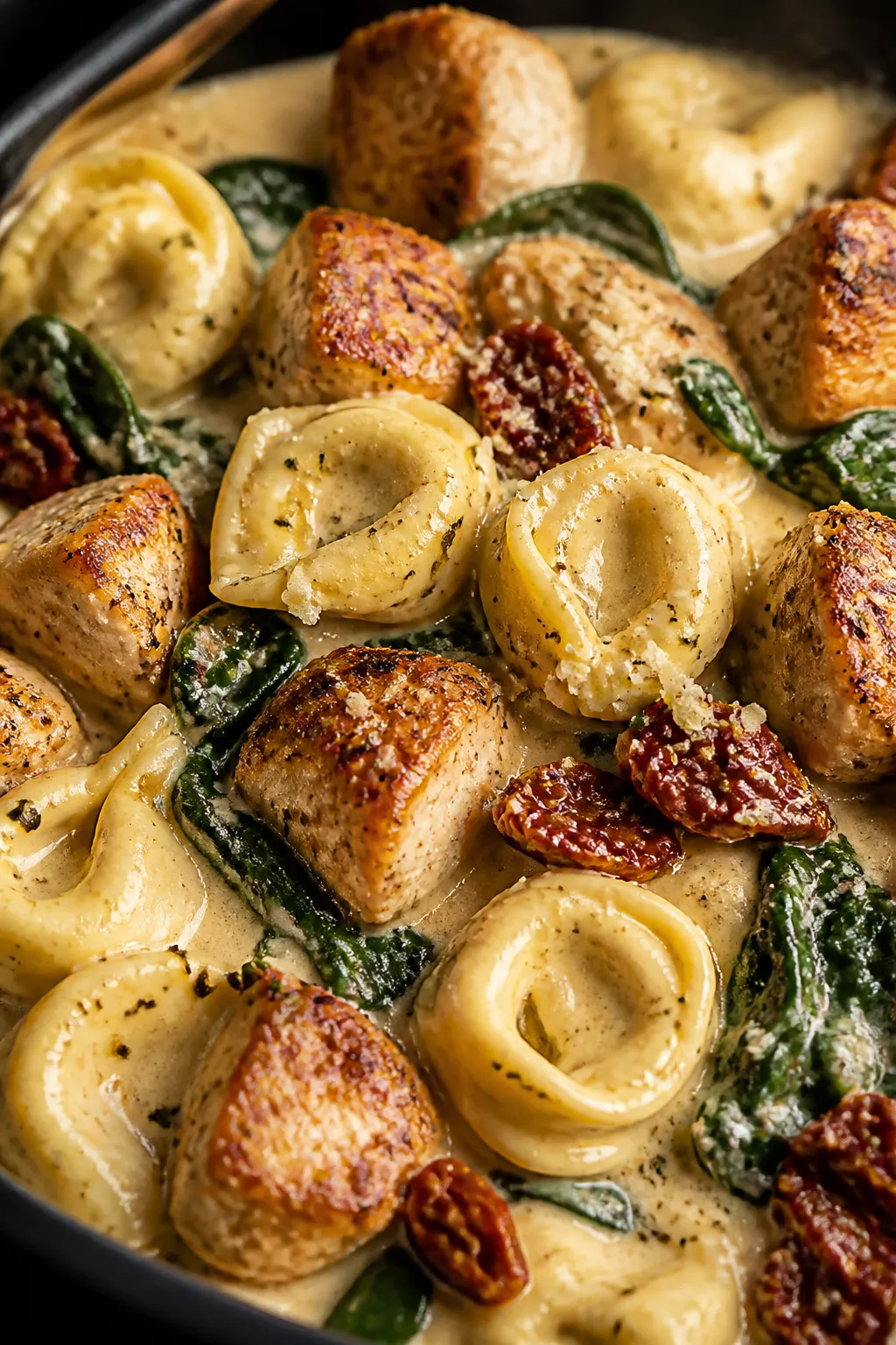Close-up detail: Golden-seared chicken bites nestled among plump, cooked cheese tortellini in a silk