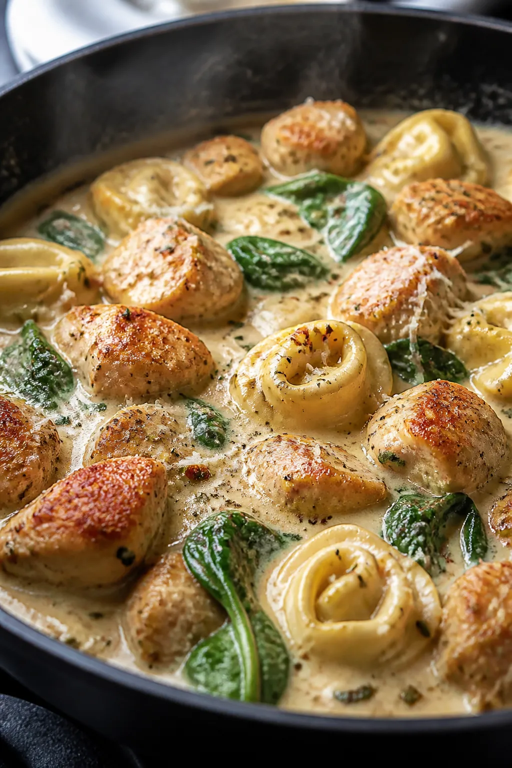 Close-up detail: Golden seared chicken bites nestled in bubbling cream sauce with specks of garlic,