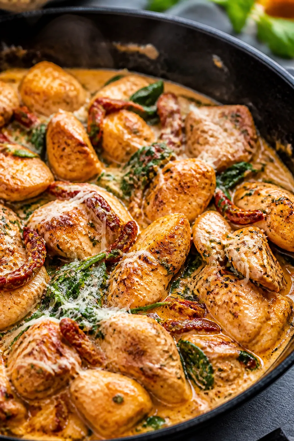 Close-up detail: Golden-seared chicken bites tossed in a creamy sun-dried tomato sauce in the skille