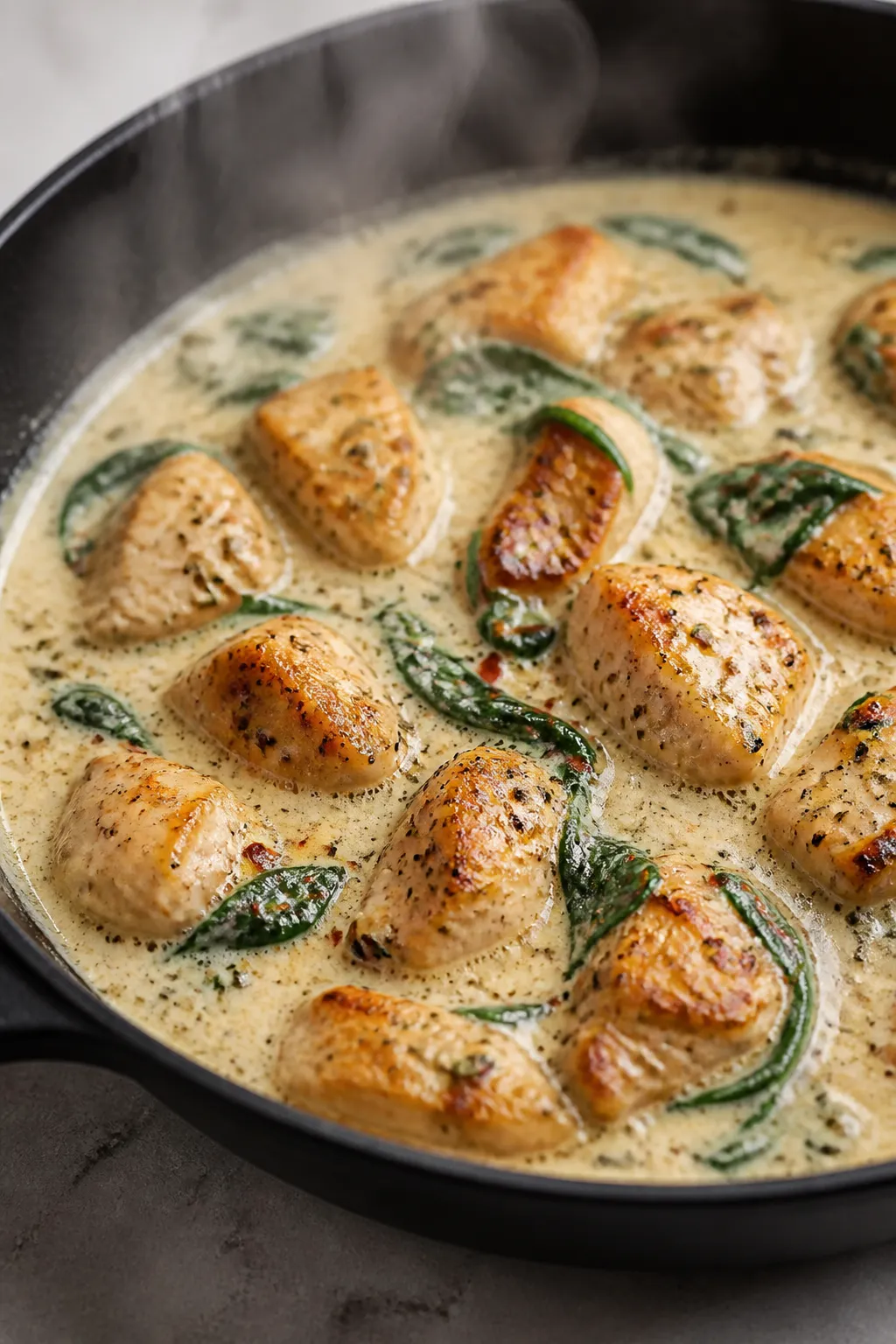 Close-up detail: Golden-seared chicken breast bites nestled in a silky Alfredo sauce mid-simmer in a