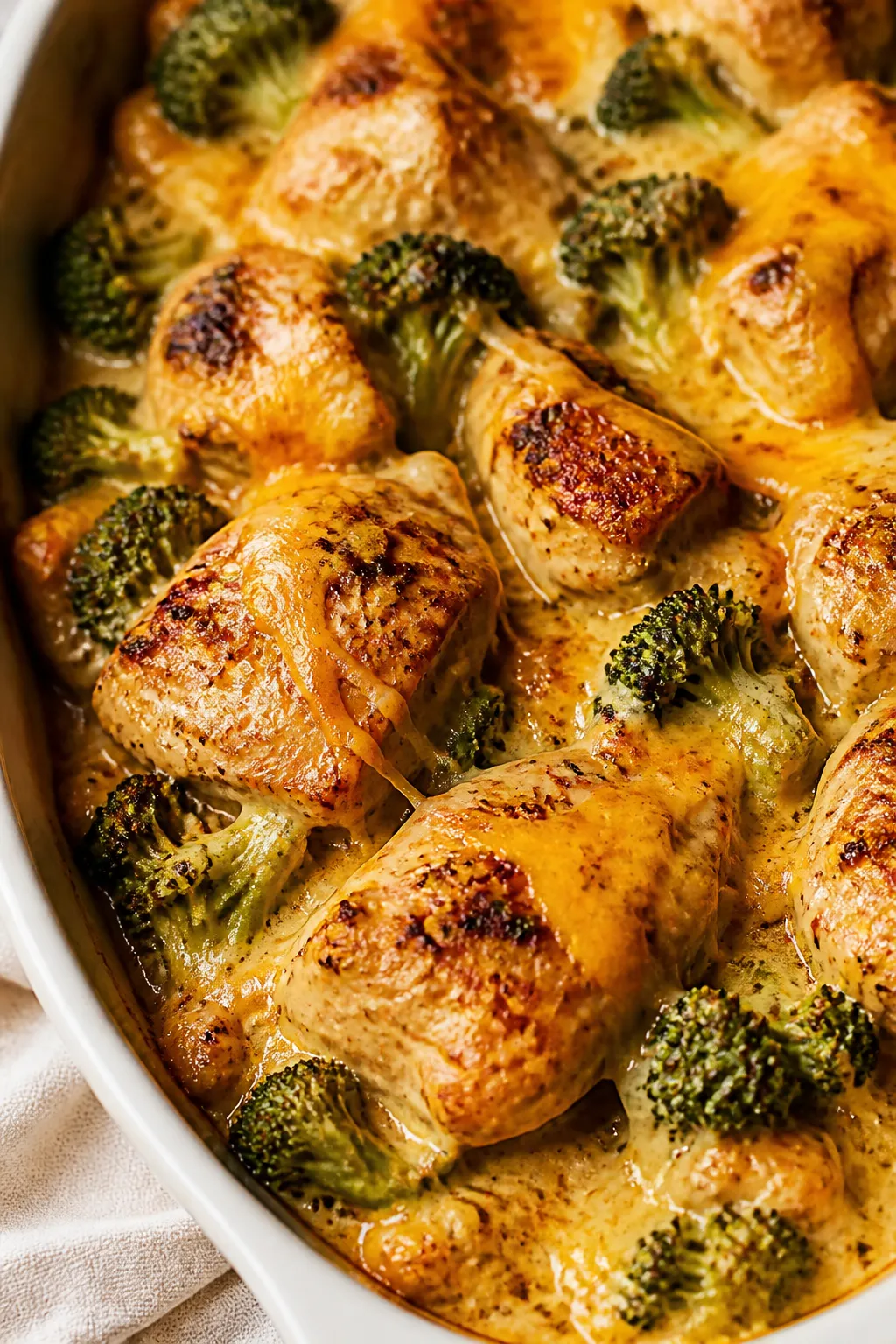 Close-up detail: Golden-seared chicken pieces nestled with bright green, crisp-tender broccoli in a