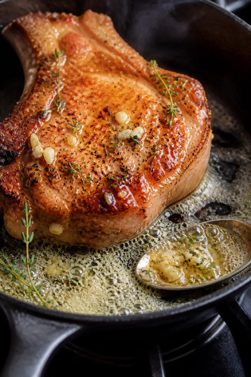 Close-up detail: Golden-seared garlic butter pork chop in a cast-iron skillet, shown mid-baste; foam