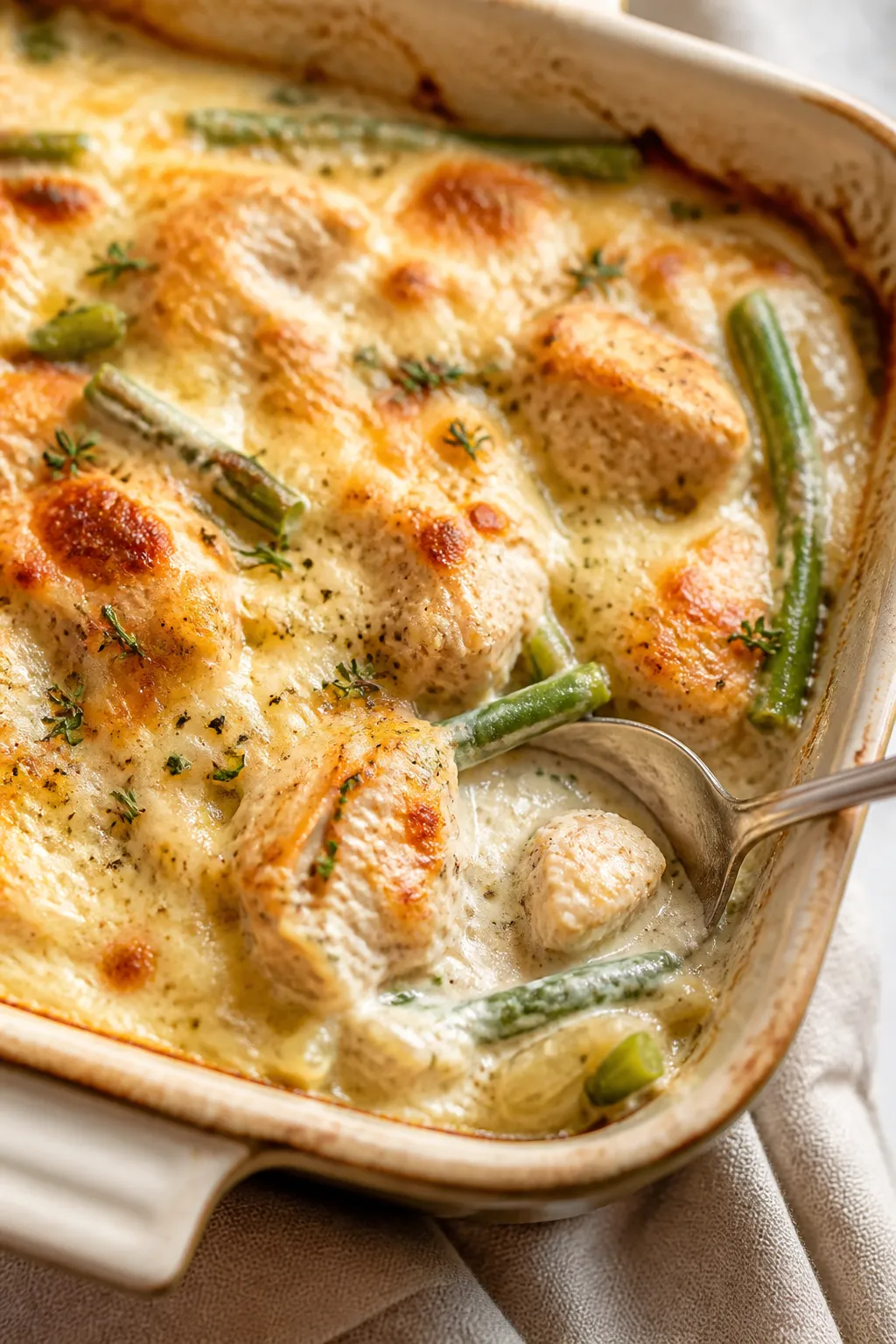 Close-up detail: Golden-topped Chicken and Green Bean Protein Bake just out of the oven, showing jui