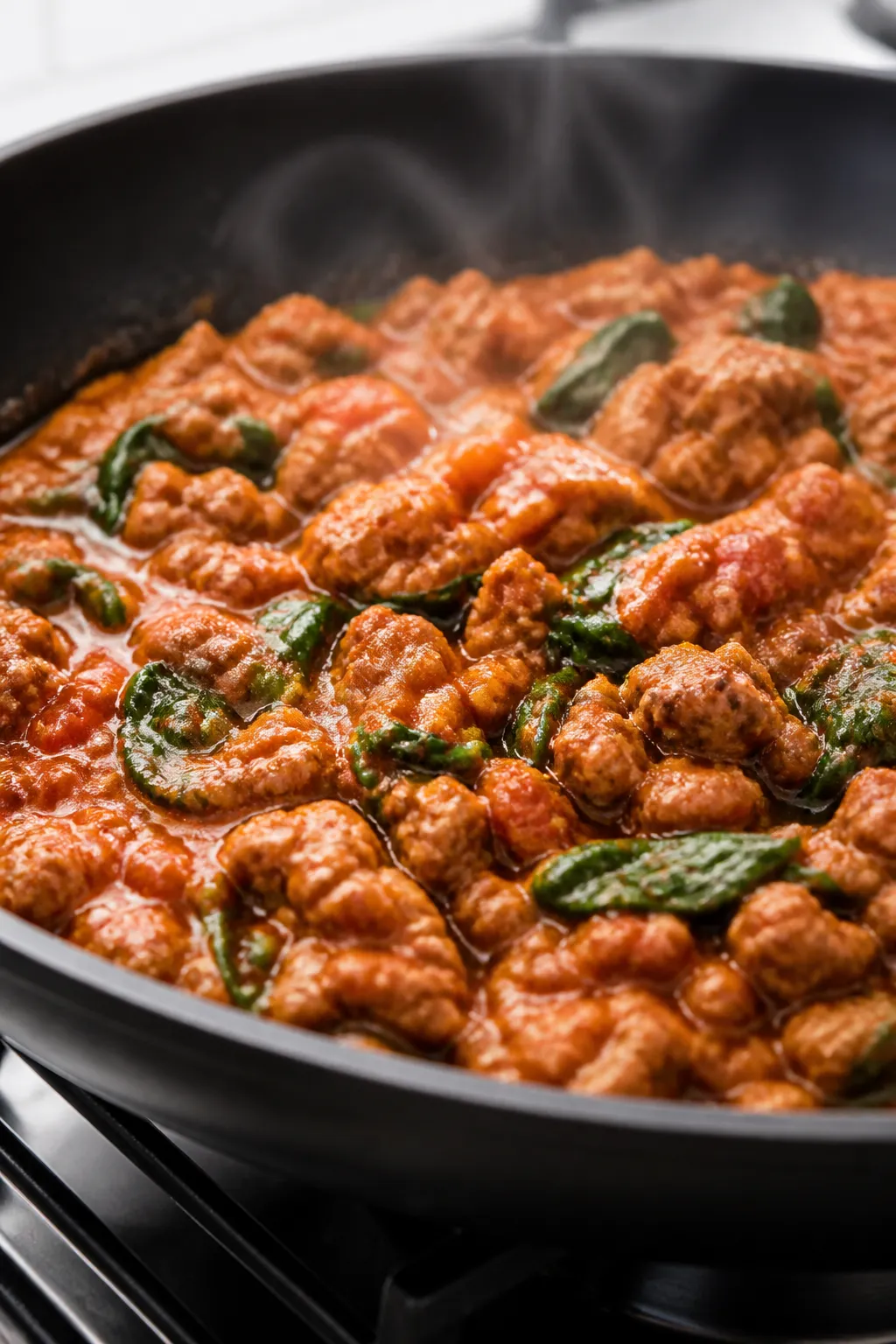 Close-up detail: Ground turkey browned in a skillet and folded into a glossy tomato-garlic sauce wit