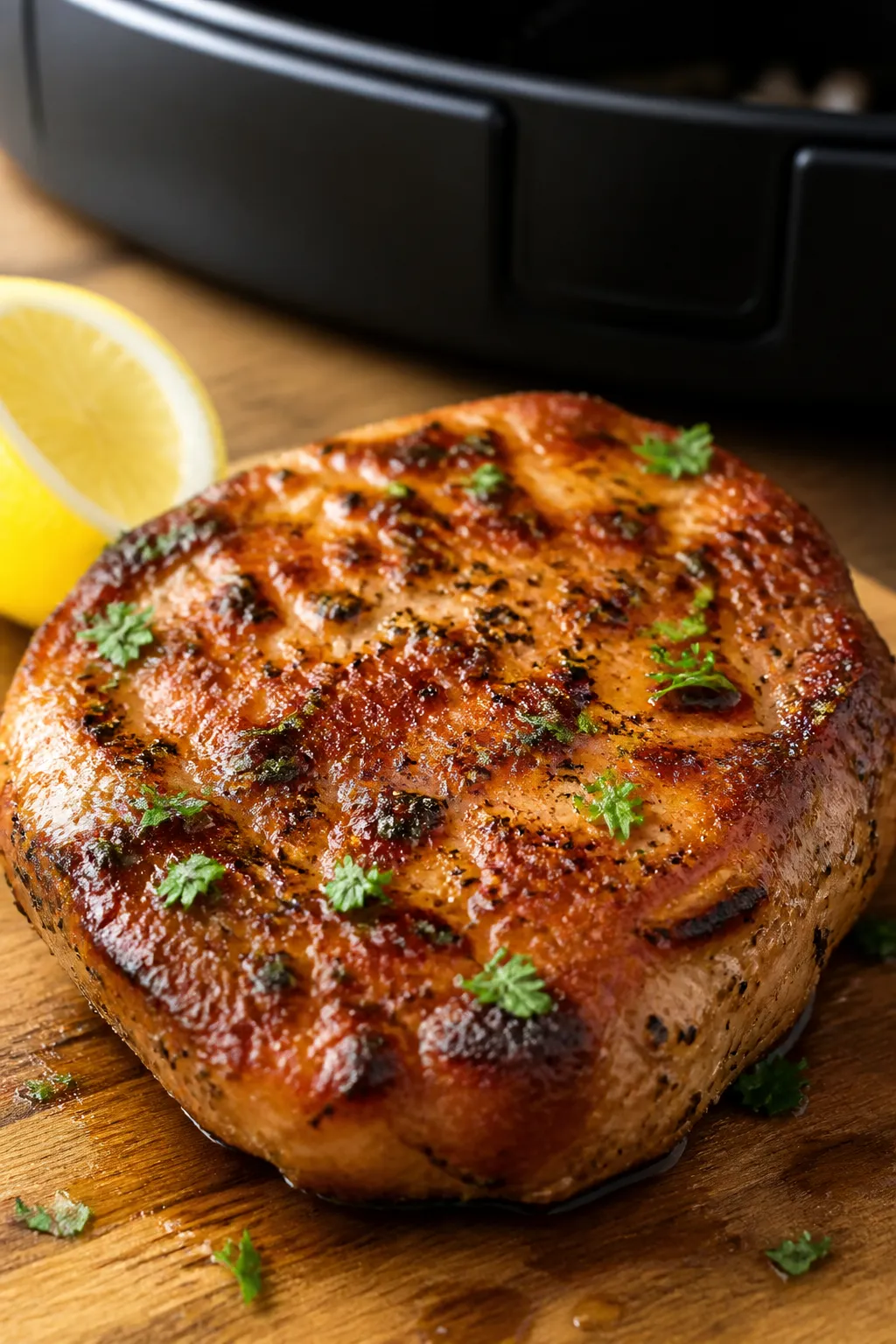 Close-up detail: Juicy air-fried boneless pork chop just out of the basket, golden-brown caramelized