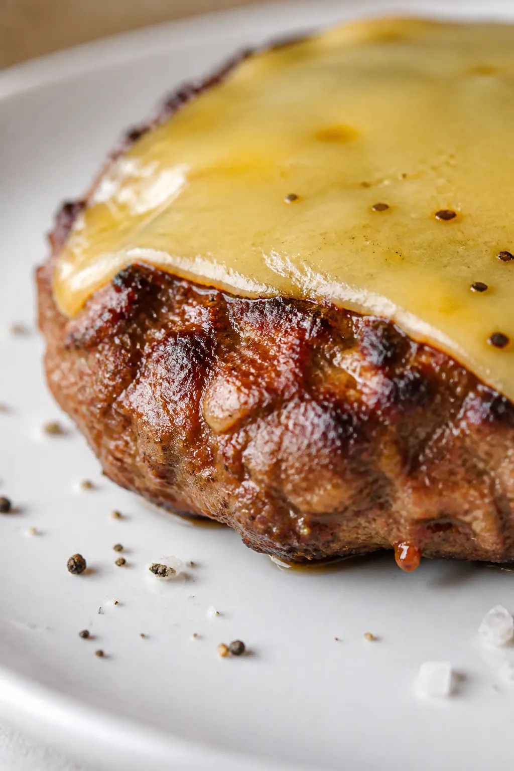 Close-up detail: Juicy air-fried high-protein burger patty just after resting, showing a caramelized