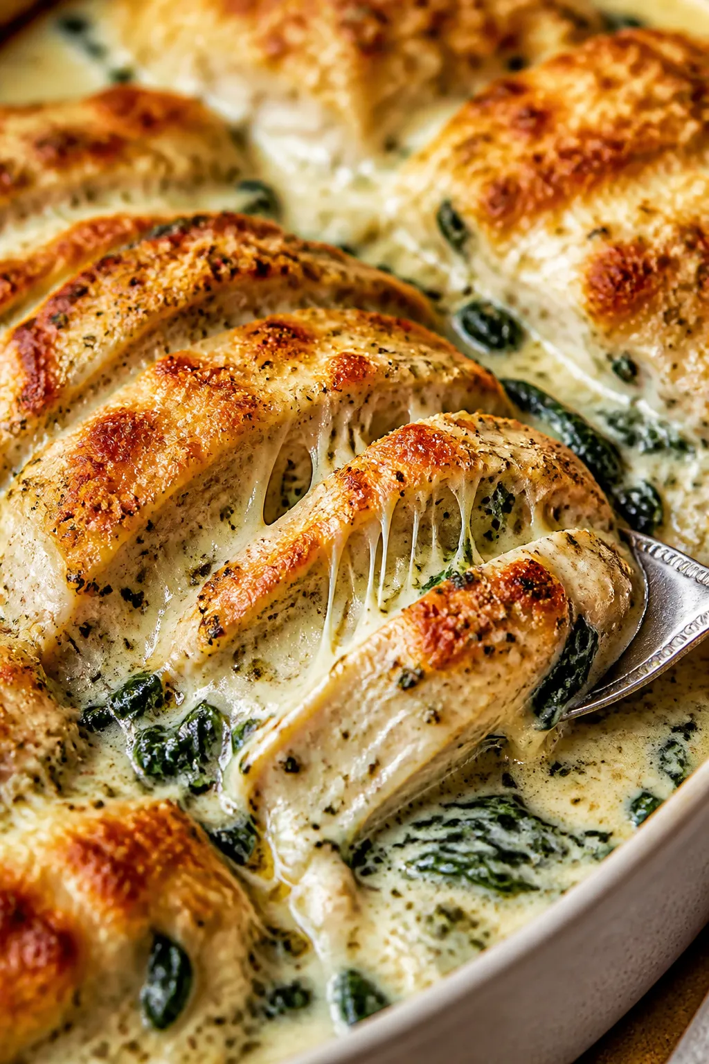 Close-up detail: Juicy baked chicken breast slices nestled in a bubbling creamy garlic-yogurt sauce,