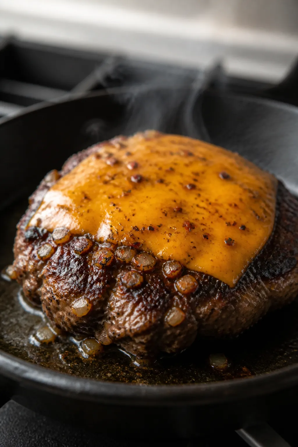 Close-up detail: Juicy beef patty sizzling in a cast-iron skillet with a light sheen of olive oil, d