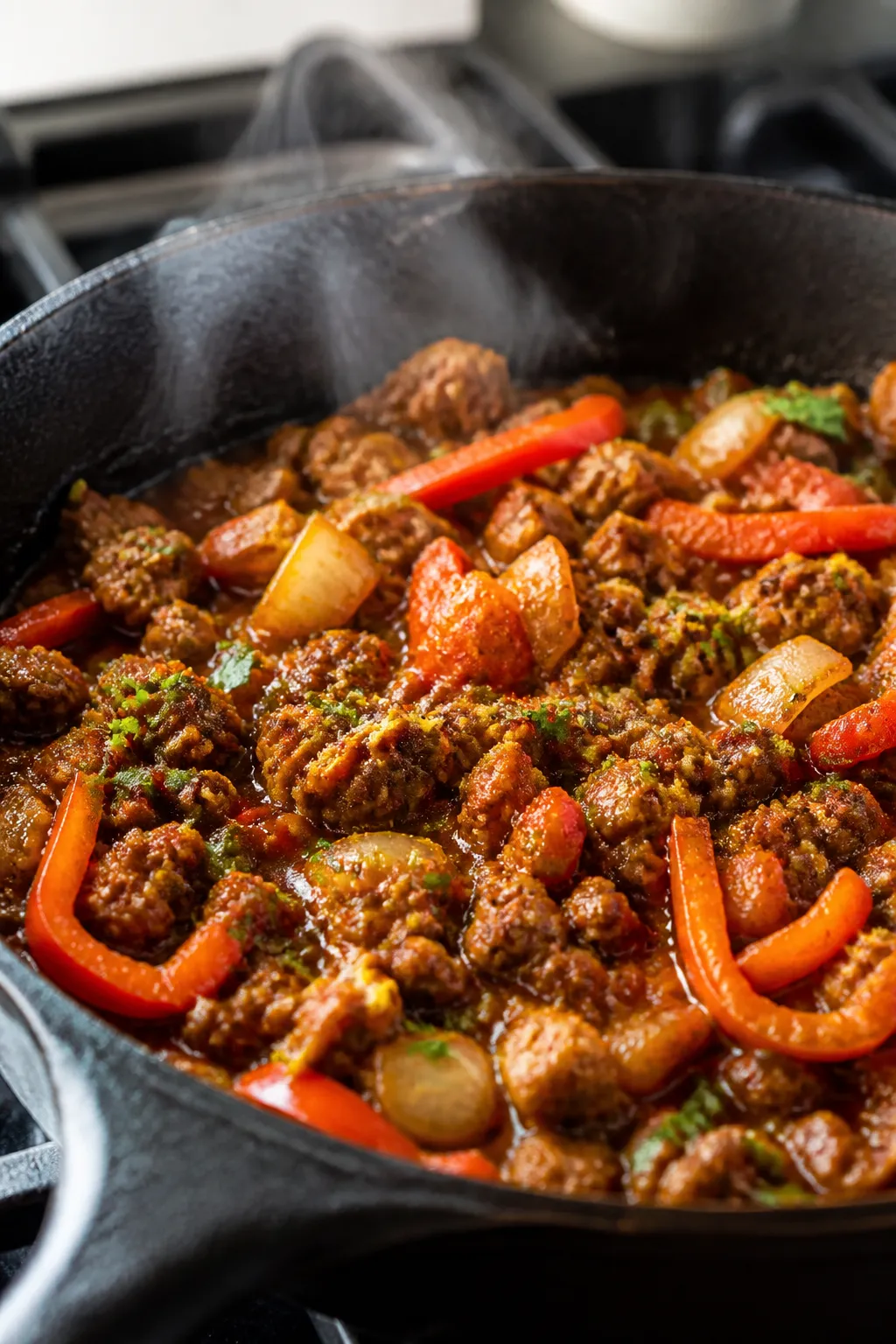 Close-up detail: Juicy, browned ground pork simmering in a skillet after seasoning, with visible chi