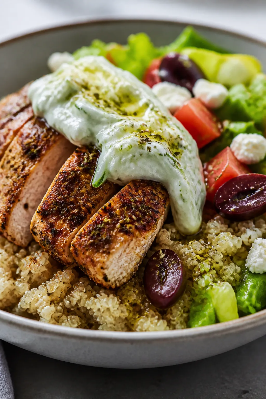 Close-up detail: Juicy Greek-seasoned turkey burger patty sliced over warm quinoa, glistening with o