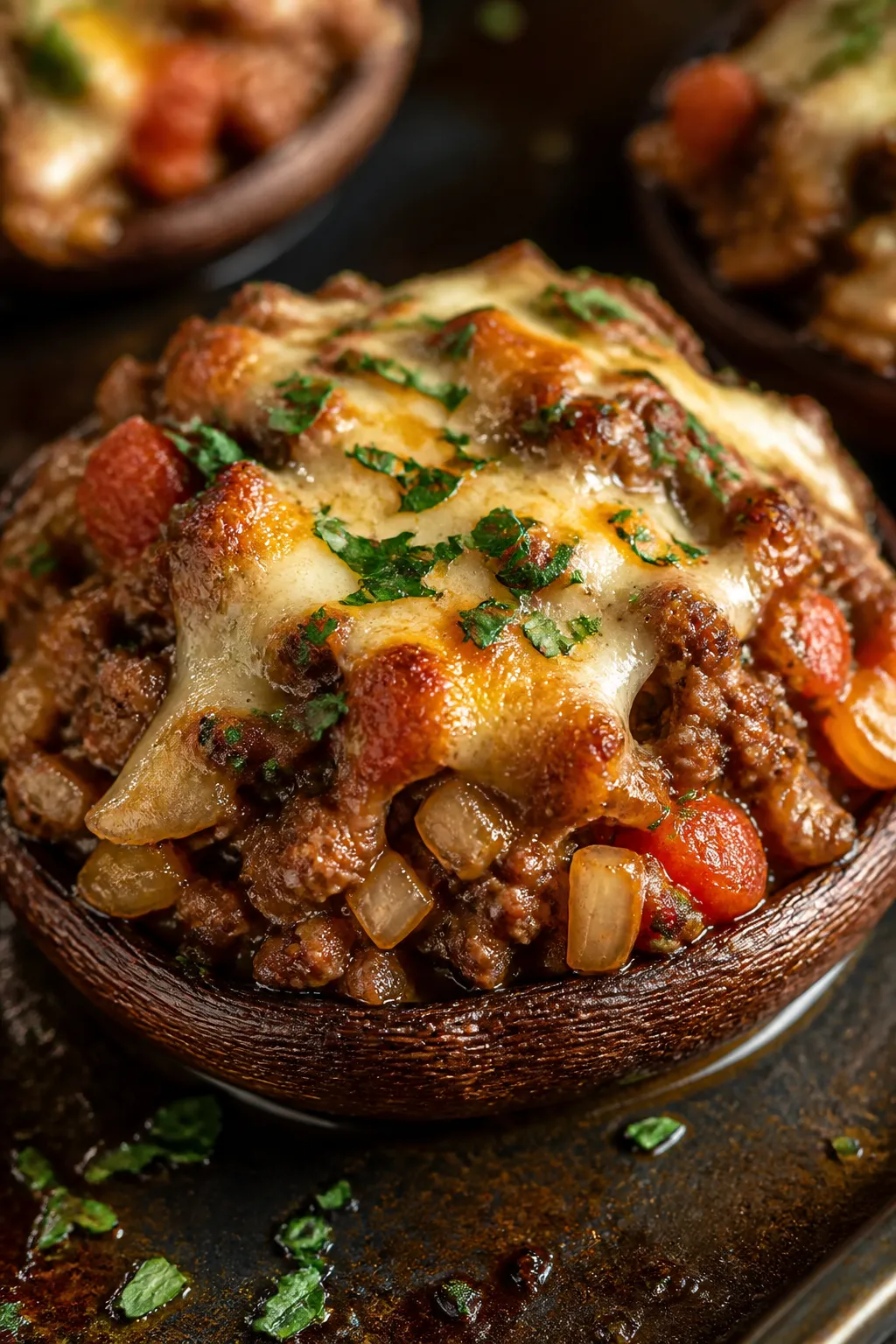 Close-up detail: Juicy hamburger-stuffed portobello just out of the oven, cheese melted and bubbling
