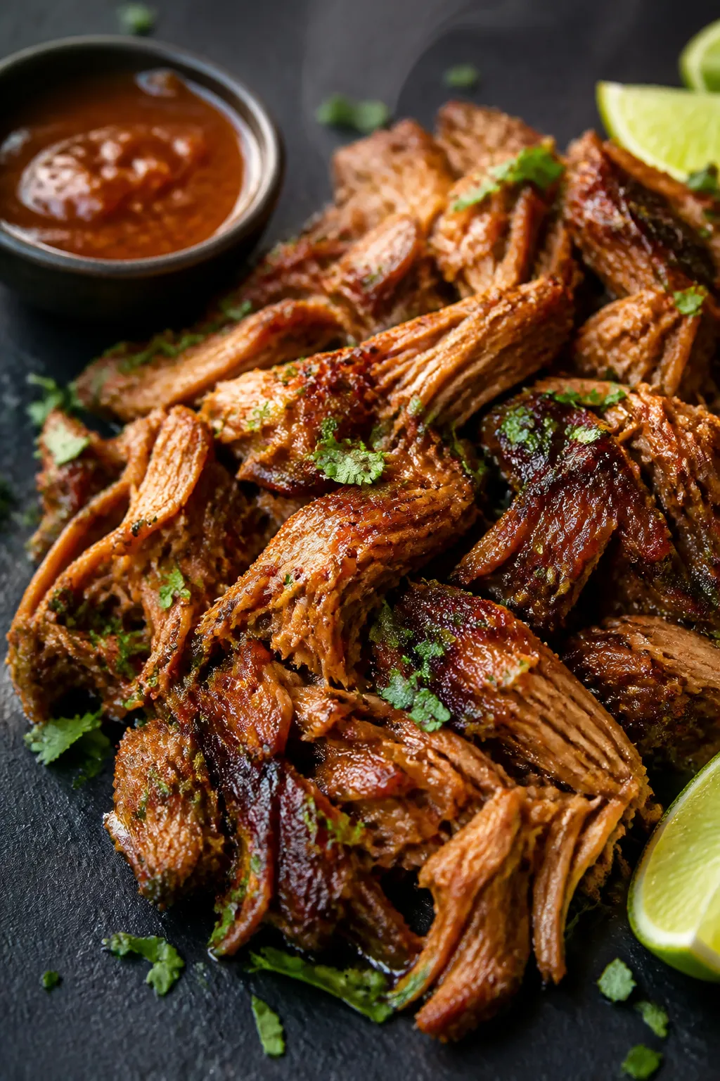 Close-up detail: Juicy shredded pulled pork glistening with reduced cooking juices, crispy carameliz