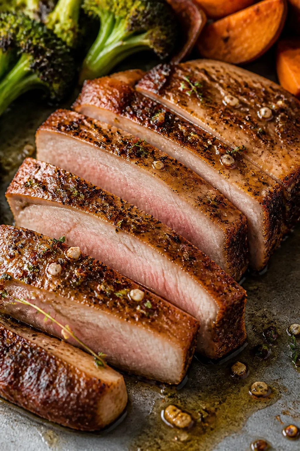 Close-up detail: Juicy sliced pork chops just after resting, showing a perfect blush center and spic