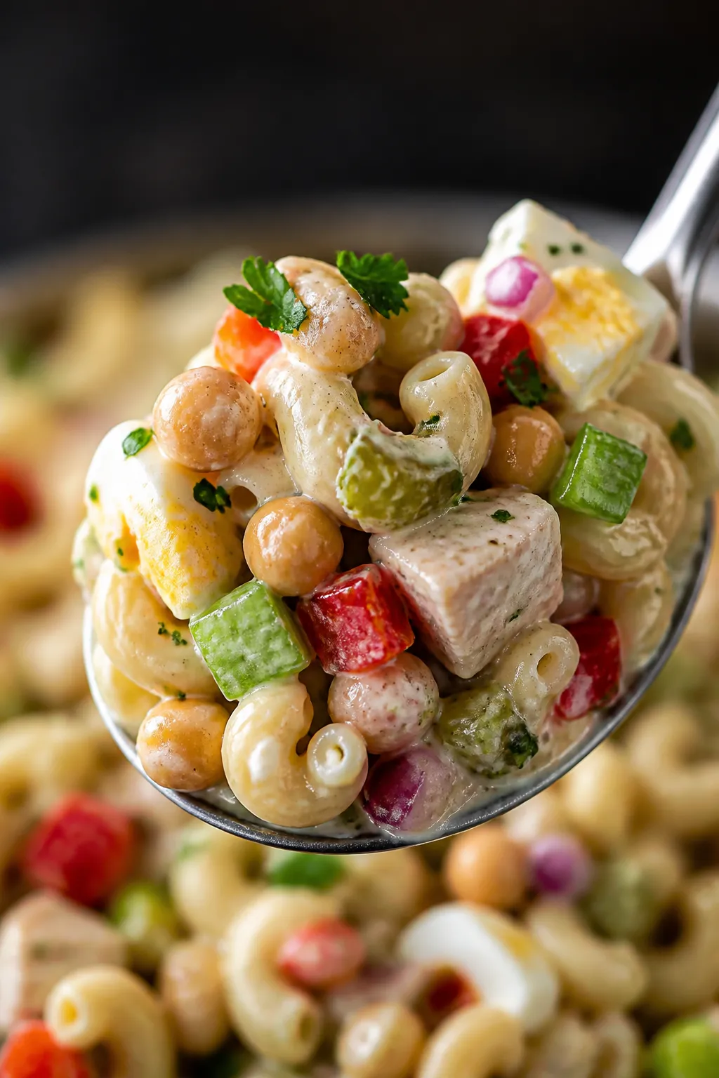 Close-up detail, macro: A heaping spoonful of finished high protein macaroni salad showcasing textur