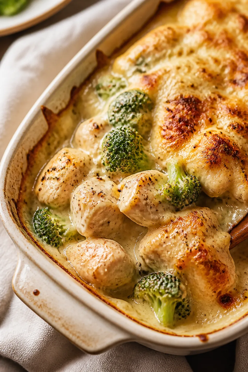 Close-up detail: Melt In Your Mouth Chicken Protein Casserole just out of the oven, showing glossy, 
