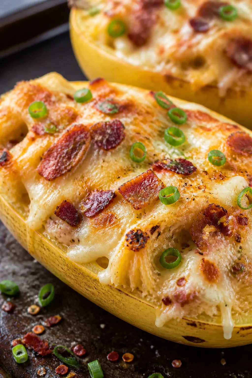 Close-up detail: Melted, bubbly cheese on loaded chicken bacon spaghetti squash boats just out of th