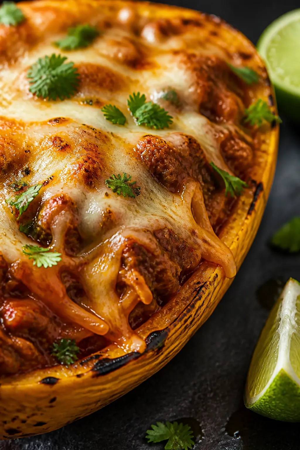 Close-up detail: Melted cheese bubbling over saucy ground beef and spaghetti squash strands inside t