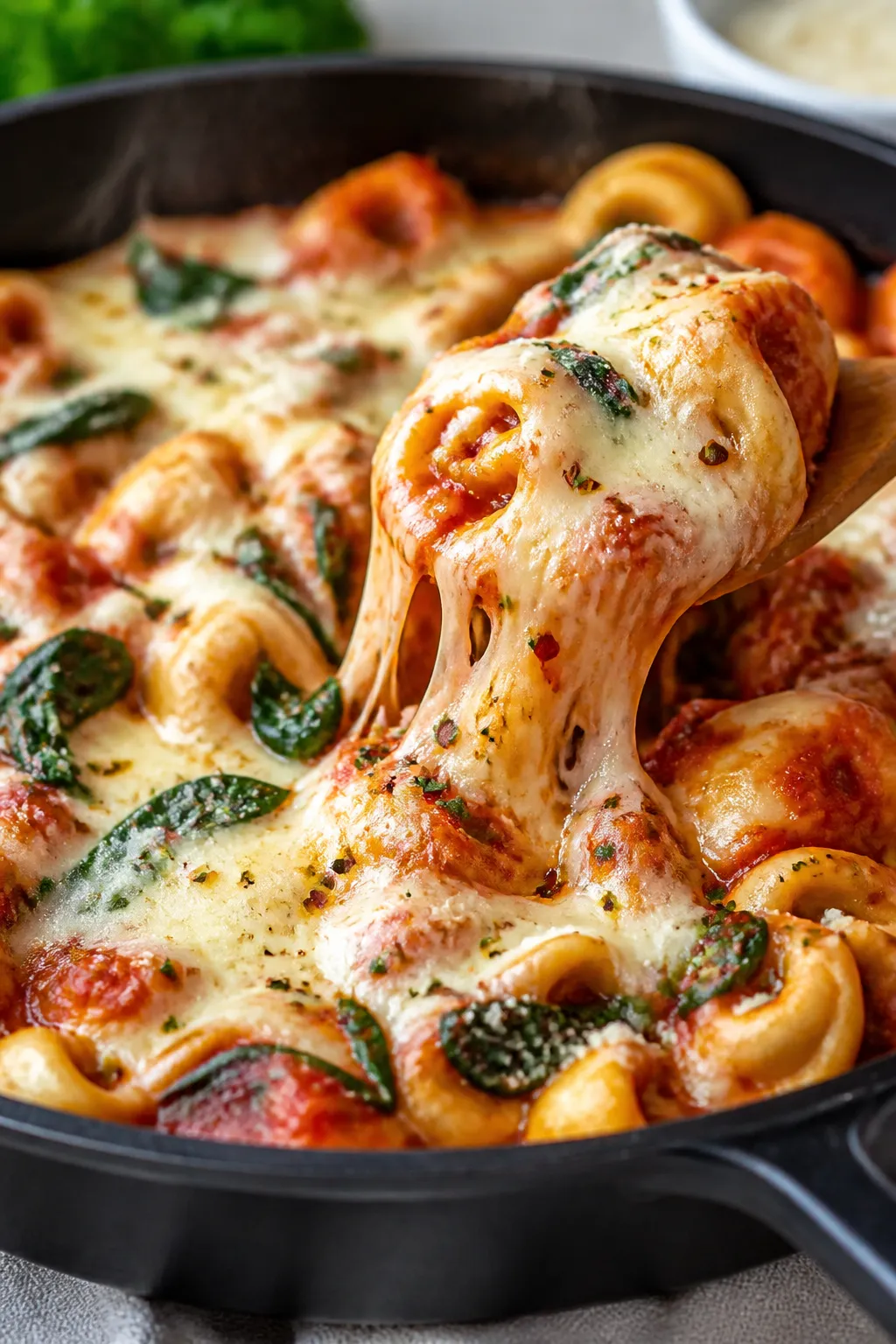 Close-up detail: Melty cheese blanket over simmered Italian ground turkey tortellini in a deep skill