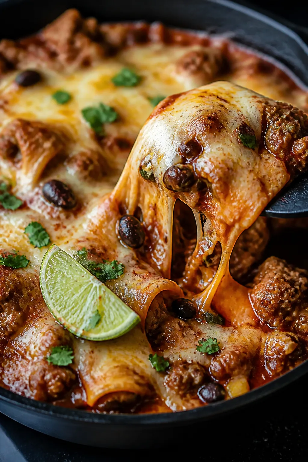 Close-up detail: Melty cheese-topped pork enchilada skillet just after finishing on low heat, showin