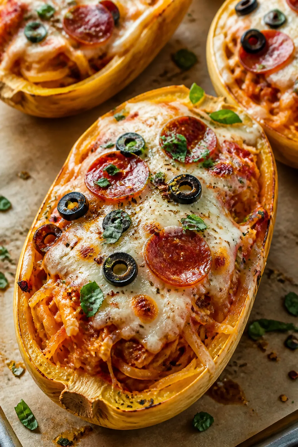 Close-up detail: Melty, golden-bubbled mozzarella and turkey pepperoni atop stuffed spaghetti squash