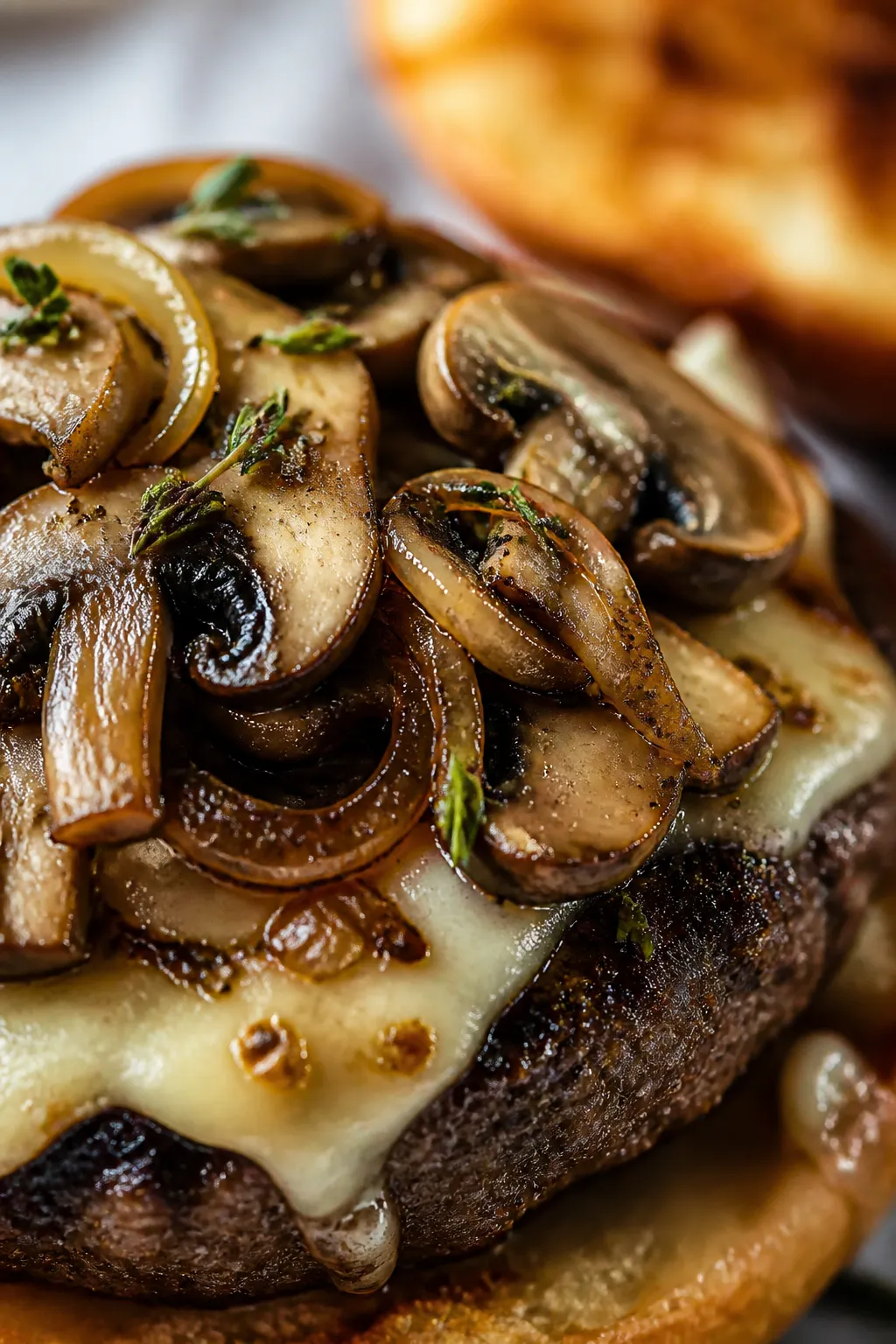 Close-up detail — mushroom-onion topping: Tight macro of the sautéed cremini mushrooms and thinly
