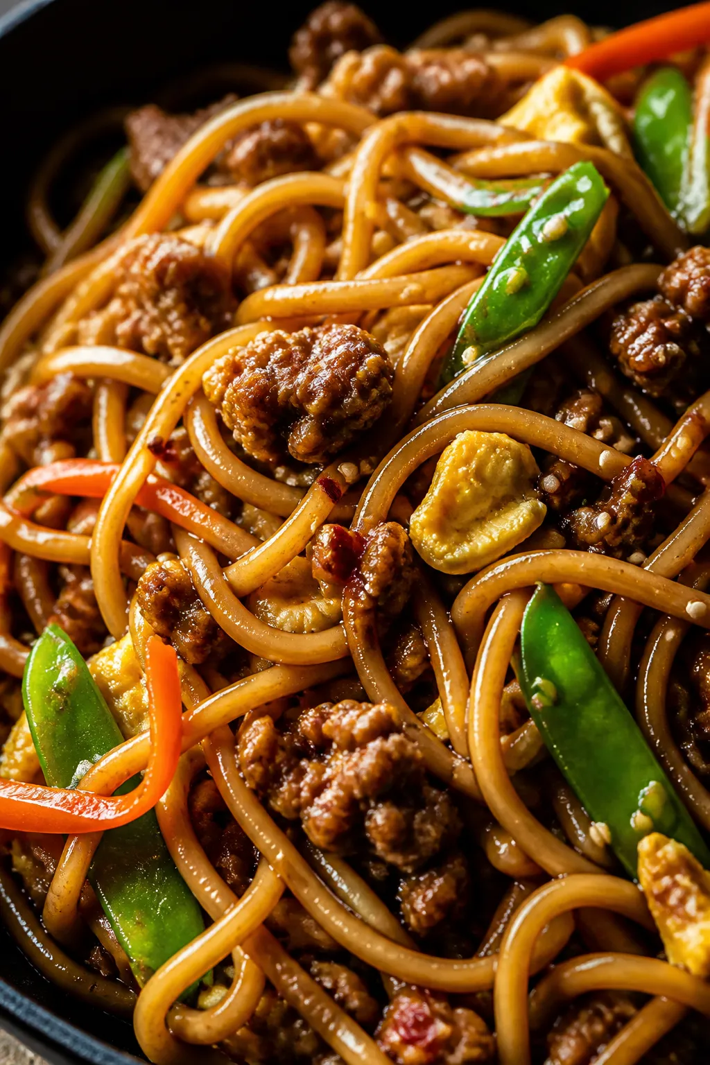Close-up detail, noodle gloss: Ultra close-up of springy lo mein noodles being tossed with the sauce