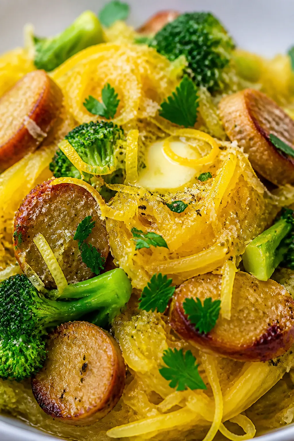 Close-up detail, saucy strands: Tight macro of roasted spaghetti squash strands tossed with the broc