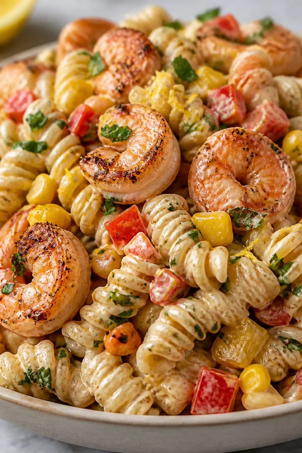 Close-up detail: Seared Cajun shrimp just cooled and folded into creamy pasta salad—juicy pink shr