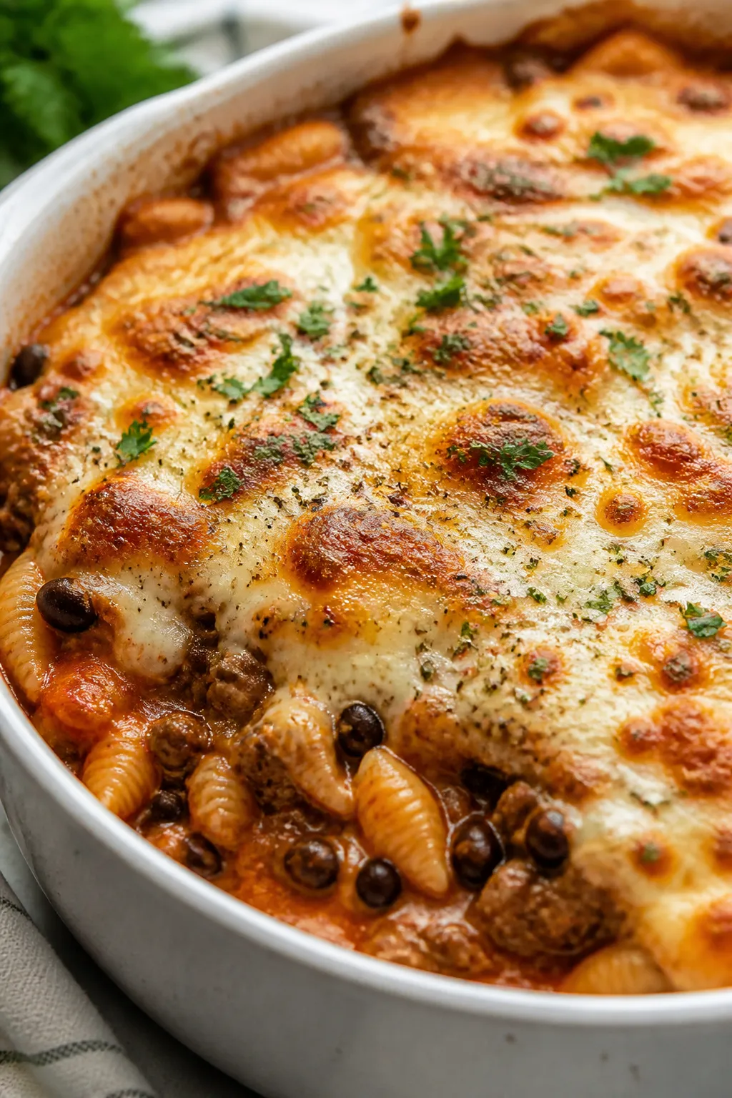 Close-up detail shot: A bubbling, just-out-of-the-oven high protein beef casserole, showing the ligh