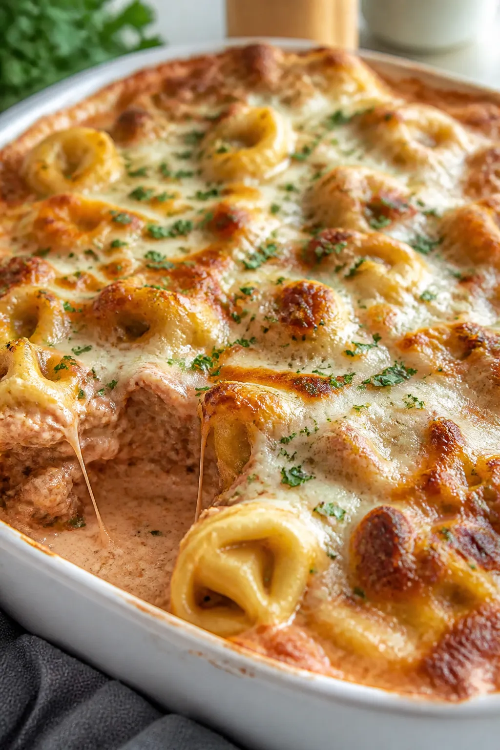 Close-up detail shot: A bubbling, just-out-of-the-oven beef tortellini casserole with a crisp, golde