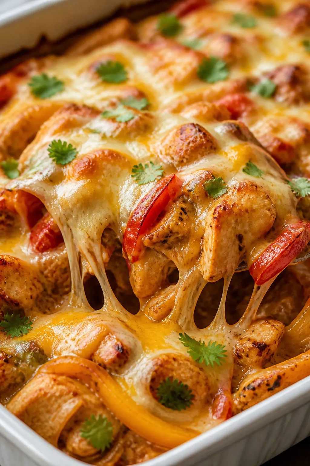 Close-up detail shot: A bubbling layer of melted Monterey Jack and cheddar on the Loaded Chicken Faj