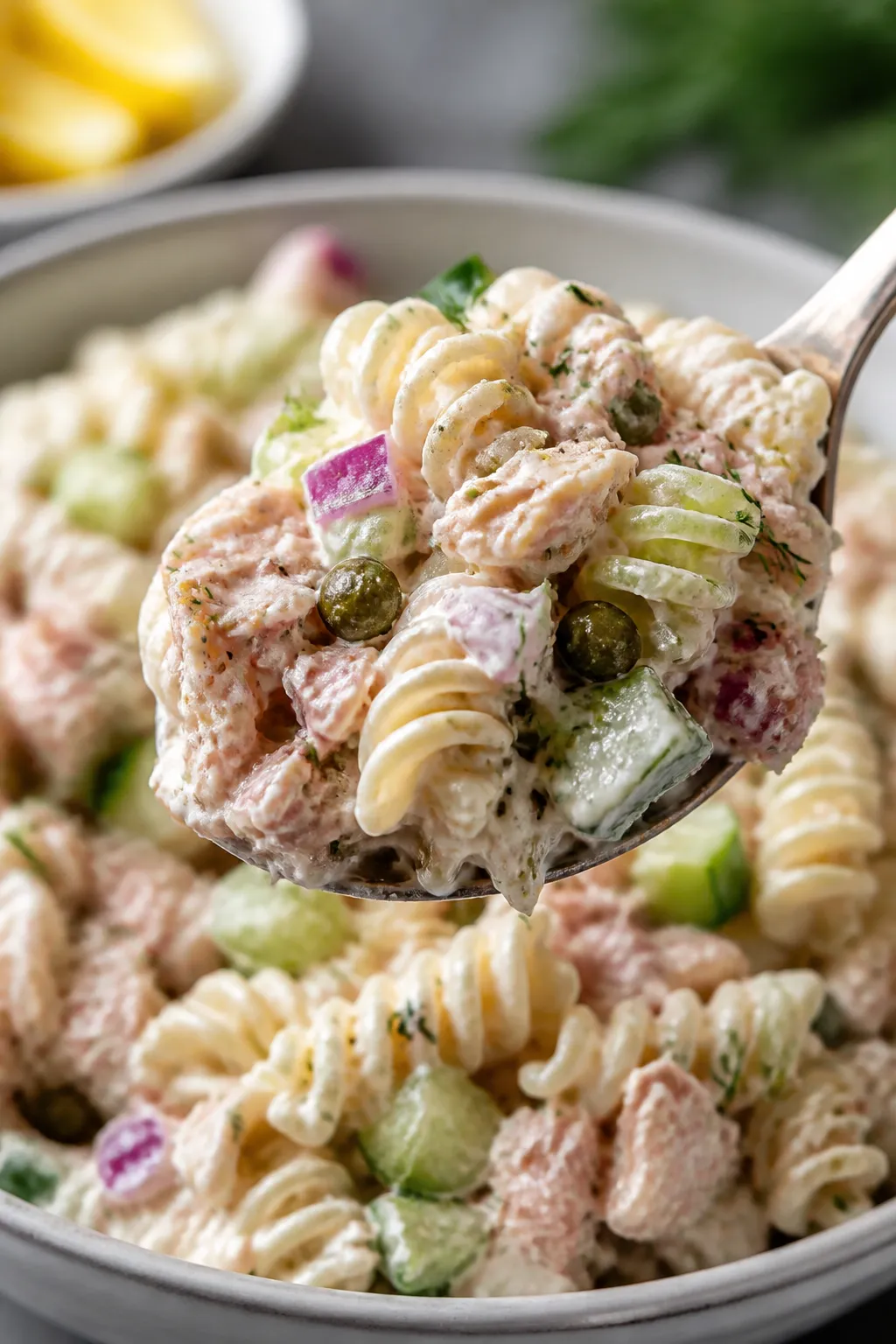 Close-up detail shot: Creamy tuna pasta salad spoonful lifted just above a bowl, showcasing distinct