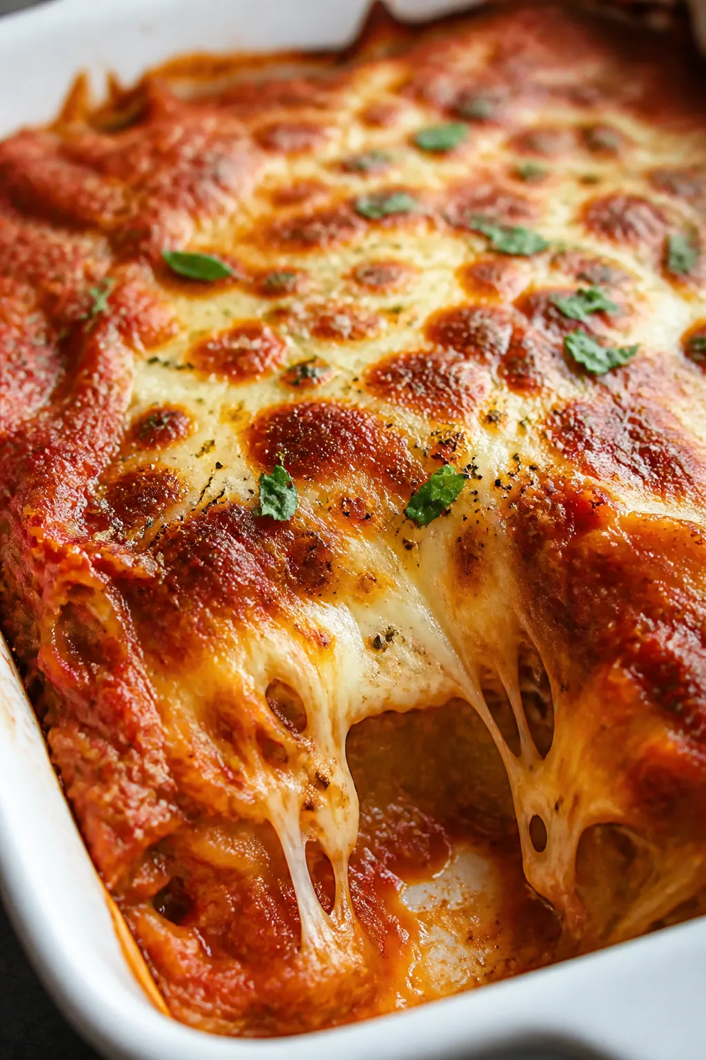 Close-up detail shot: Golden-bubbly spaghetti squash lasagna casserole just out of the oven, broiled