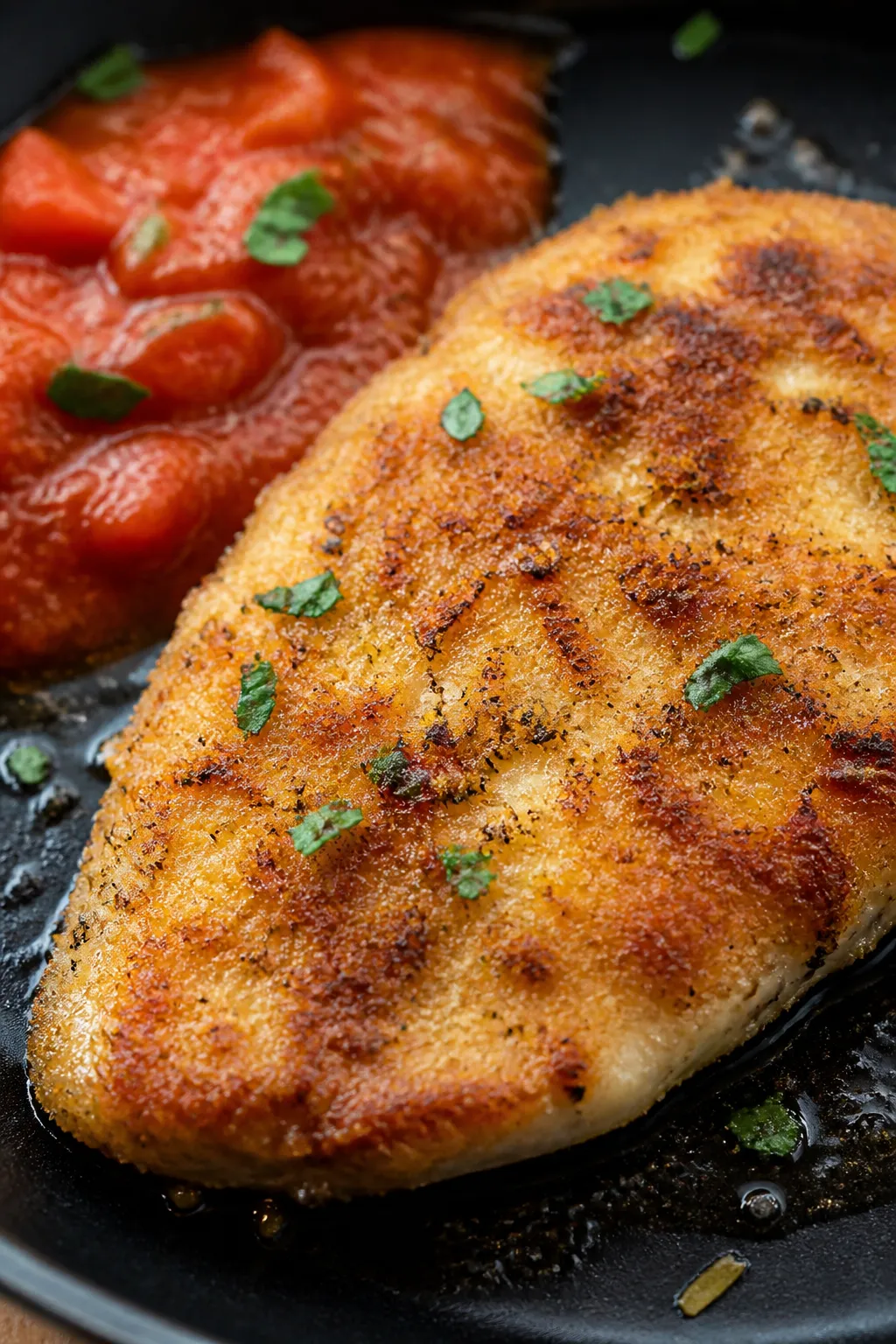Close-up detail shot: Golden-seared chicken cutlet coated in almond flour and Parmesan, just out of