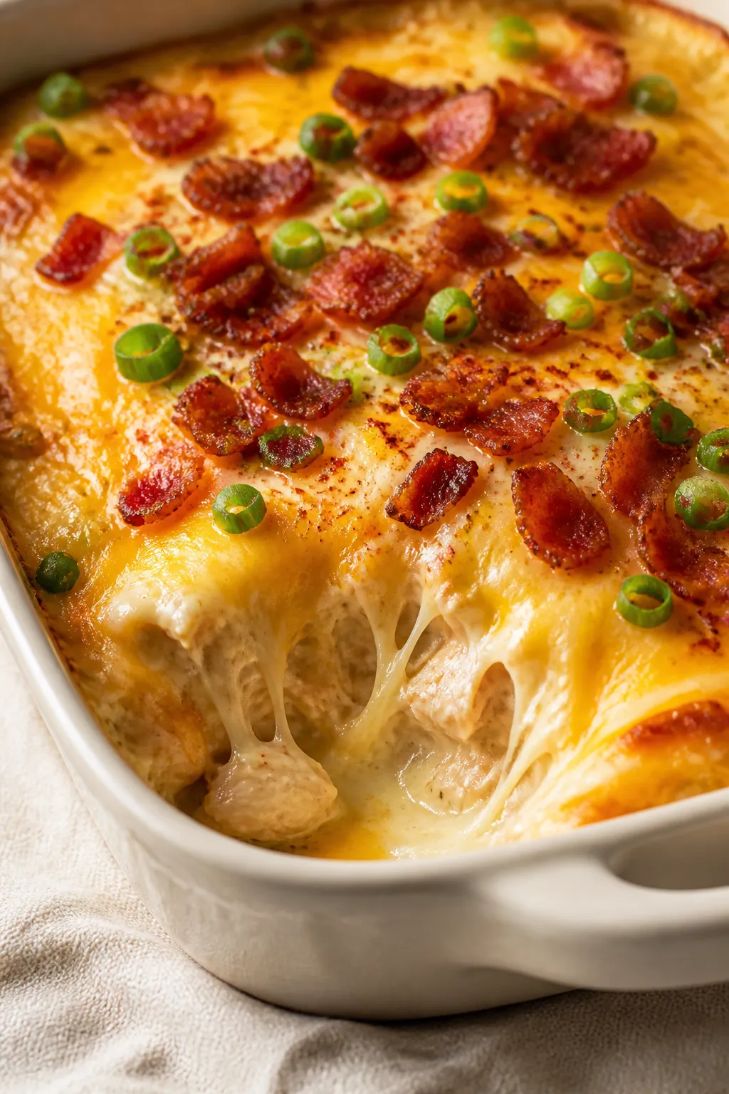 Close-up detail shot of the baked Low Carb Crack Chicken Bacon Casserole just out of the oven: bubbl