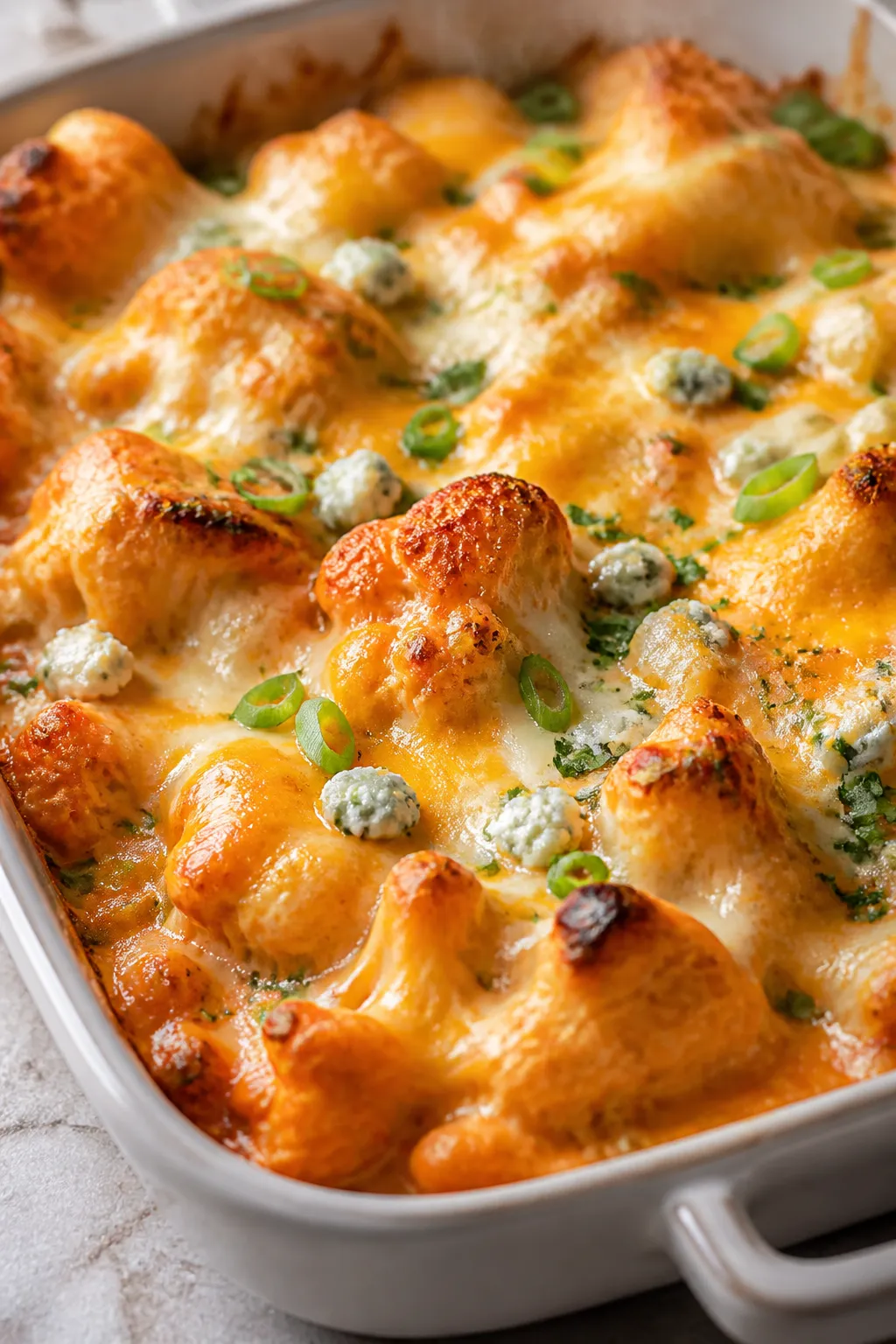 Close-up detail shot of the casserole just out of the oven: molten, slightly golden melted cheddar/M