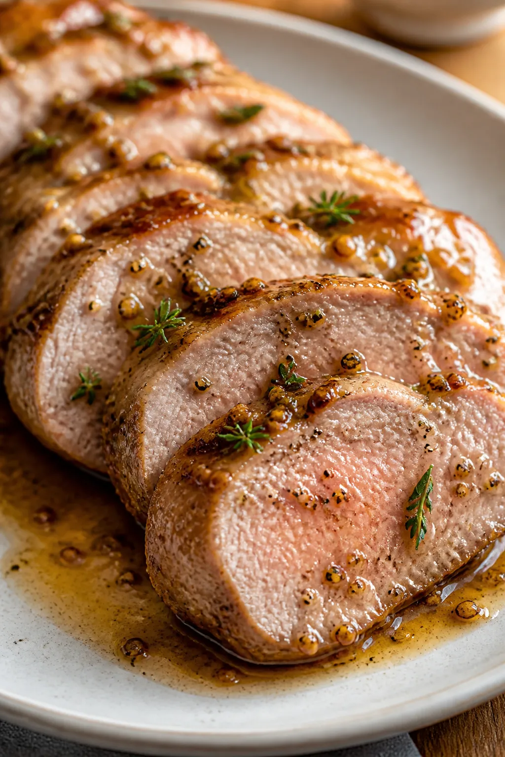 Close-up detail shot: Sliced pork tenderloin medallions (1/2-inch thick) fanned on a warm white cera