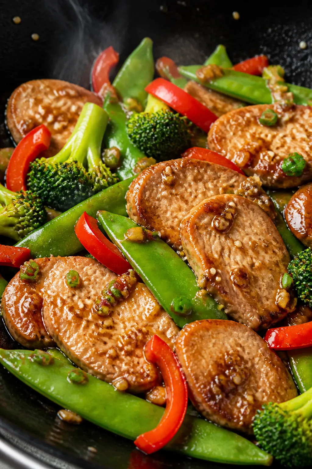 Close-up detail shot: Tender, browned slices of pork tenderloin tossed with glossy, clingy sauce in 