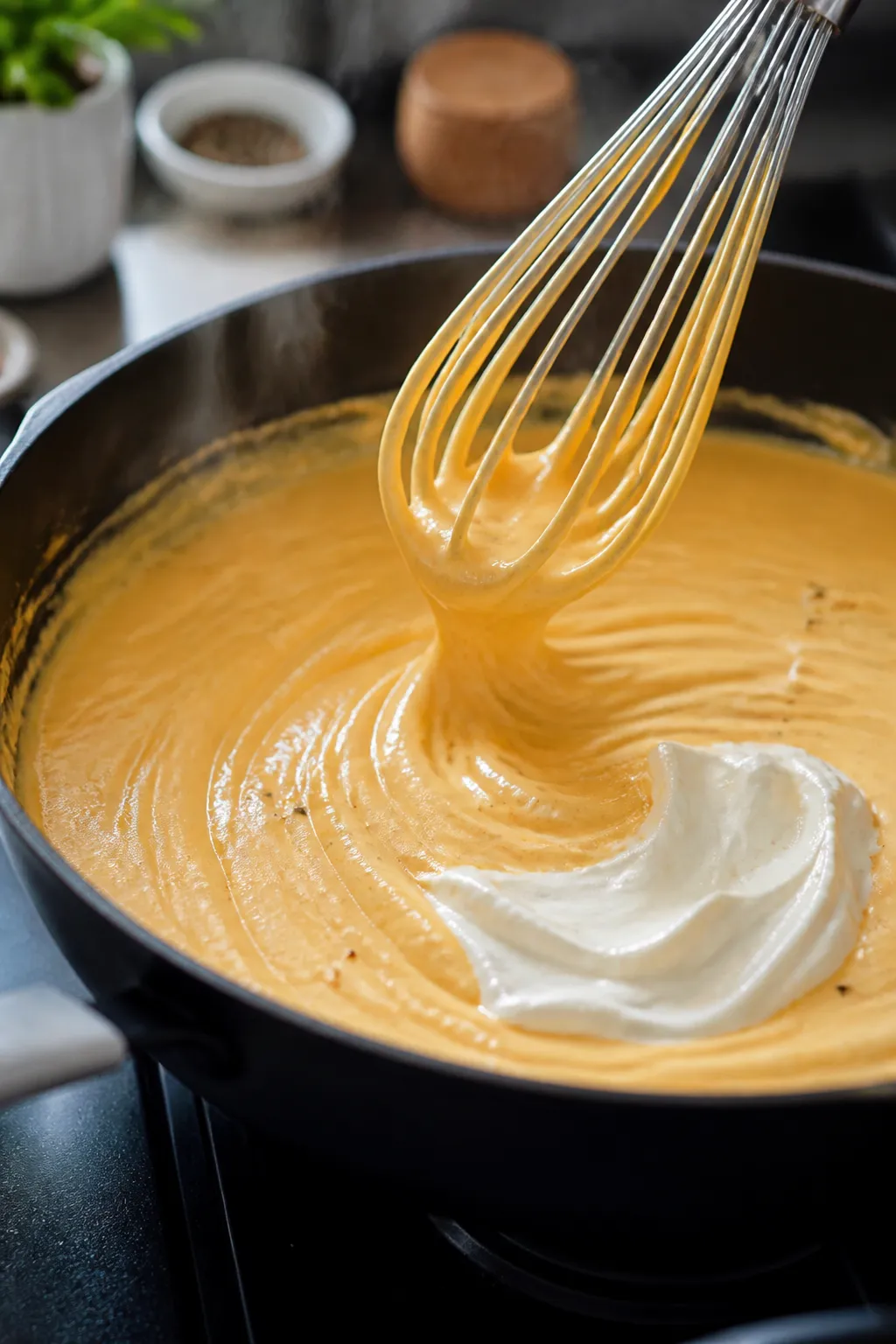 Close-up detail: Silky cheddar-Parmesan cheese sauce being whisked smooth in a deep skillet, with th