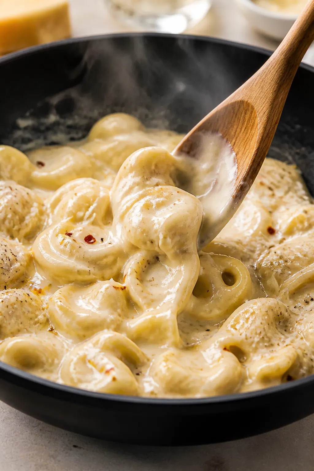 Close-up detail: Silky Parmesan cream sauce clinging to tender cheese tortellini being folded togeth